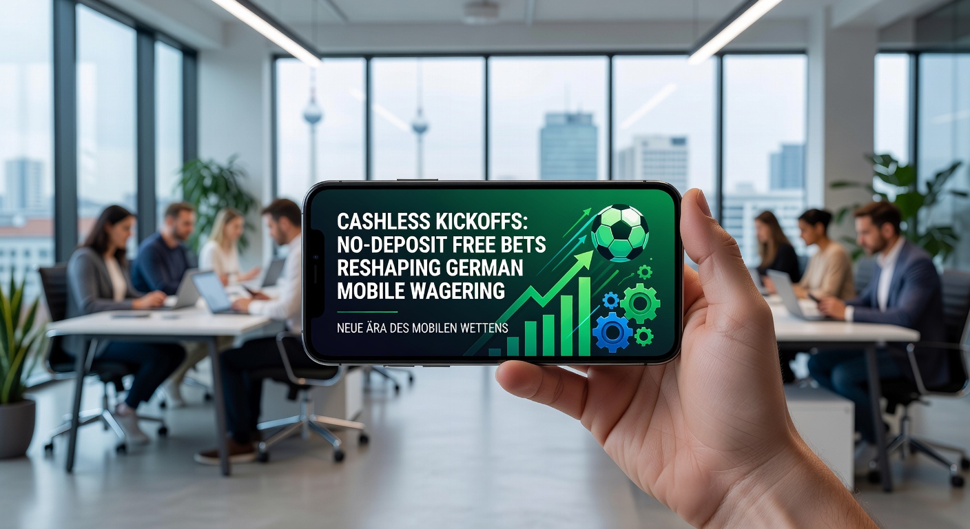 Smartphone mit Sportwetten-App und Symbolen für einlagelose Free Bets auf einem Fußballfeld-Hintergrund