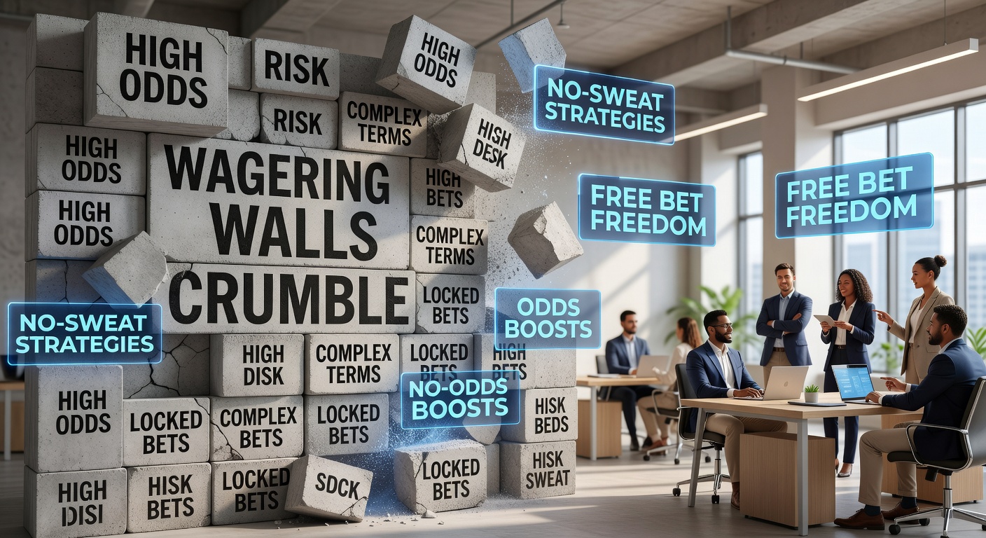 Grafik zeigt bröckelnde Wettmauern mit Symbolen für Quoten-Boosts und freie Wetten, die hindurchfliegen