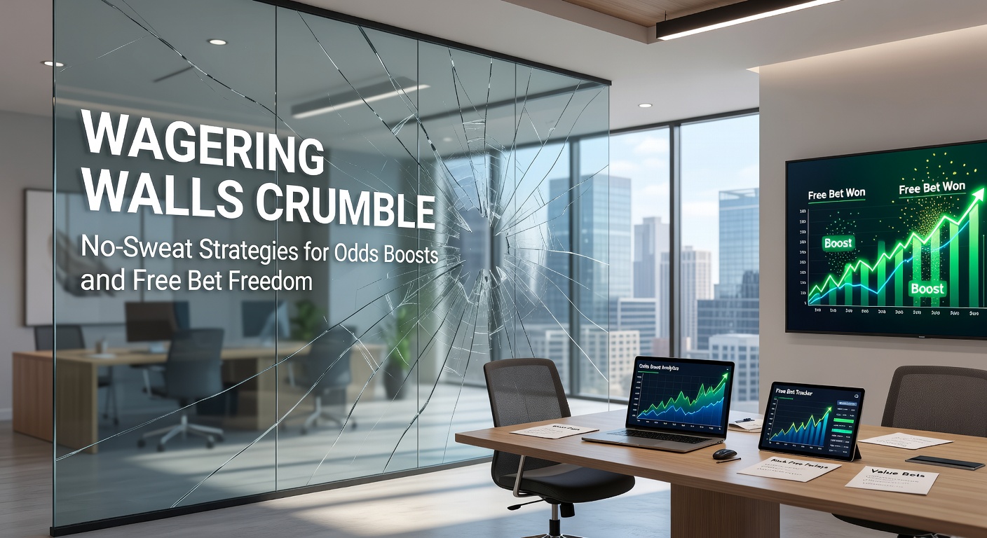 Illustration von Wettern, die freie Wetten und Boosts ohne Hürden nutzen, mit zerbröckelnden Umsatzmauern im Hintergrund